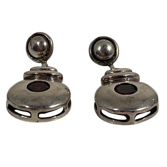 Vintage BOMA 925 Stainless Steel Garnet Dangle Drop Post Earrings - Picture 2 of 7